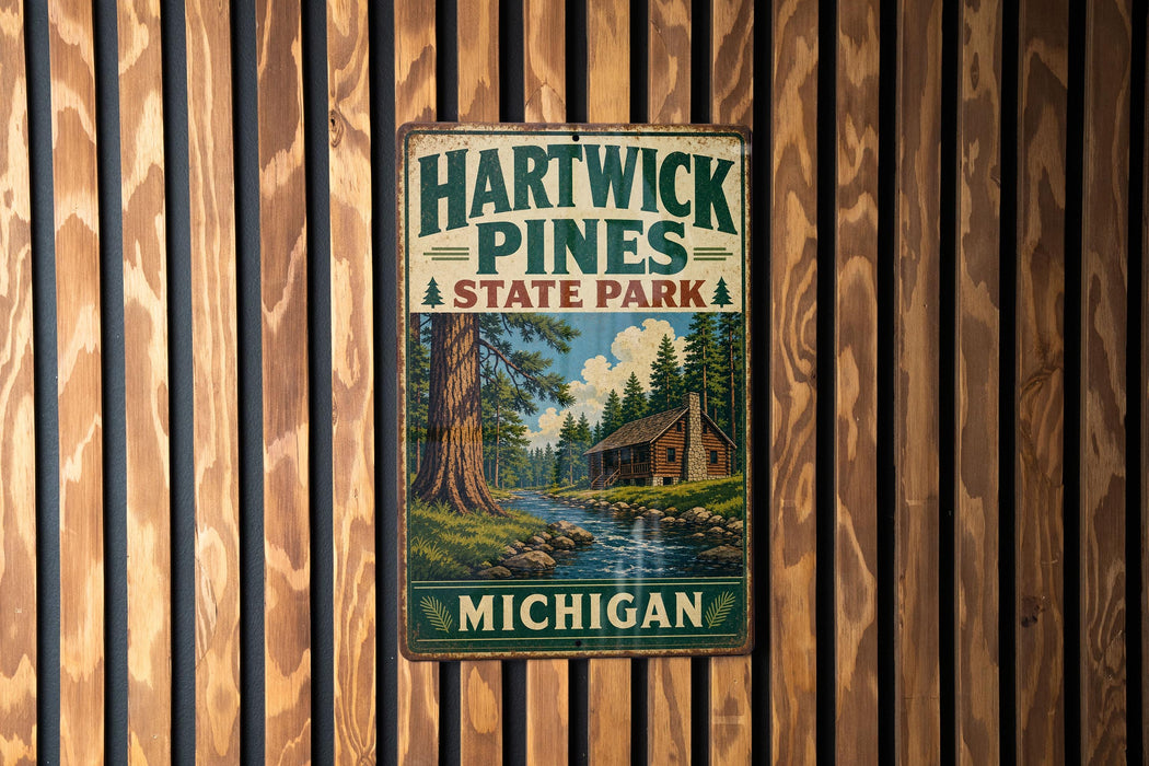 A vintage metal sign for Hartwick Pines State Park in Michigan, featuring a scenic illustration of a cabin surrounded by pine trees and a stream.