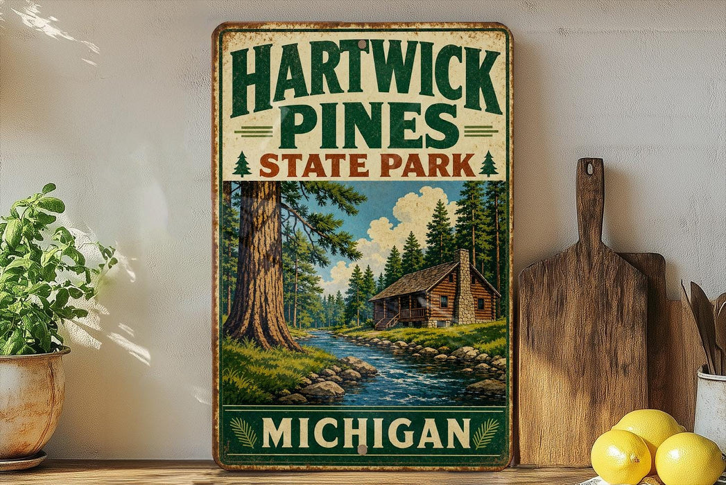 A vintage-style sign for Hartwick Pines State Park in Michigan, featuring a scenic image of a cabin surrounded by pine trees and a river.