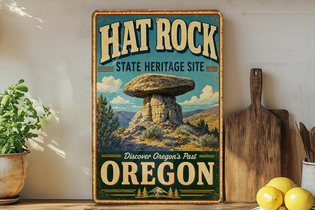 A vintage-style metal sign for the Hat Rock State Heritage Site in Oregon, featuring a large mushroom-shaped rock formation and the text "Discover Oregon's Past" and "Oregon".