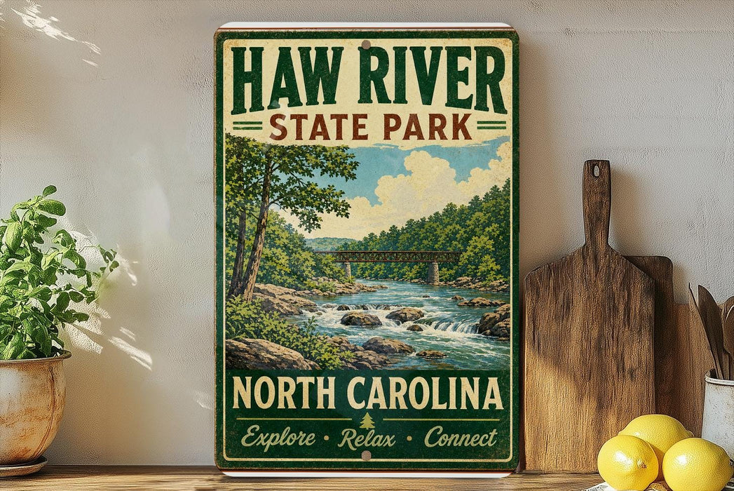 A vintage-style metal sign for Haw River State Park in North Carolina, featuring a scenic illustration of a river and forest landscape.