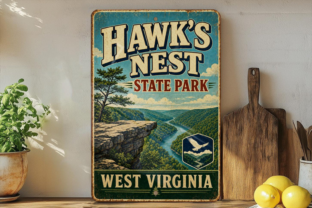A vintage-style sign for Hawk's Nest State Park in West Virginia, featuring a scenic mountain landscape with a river and pine trees.
