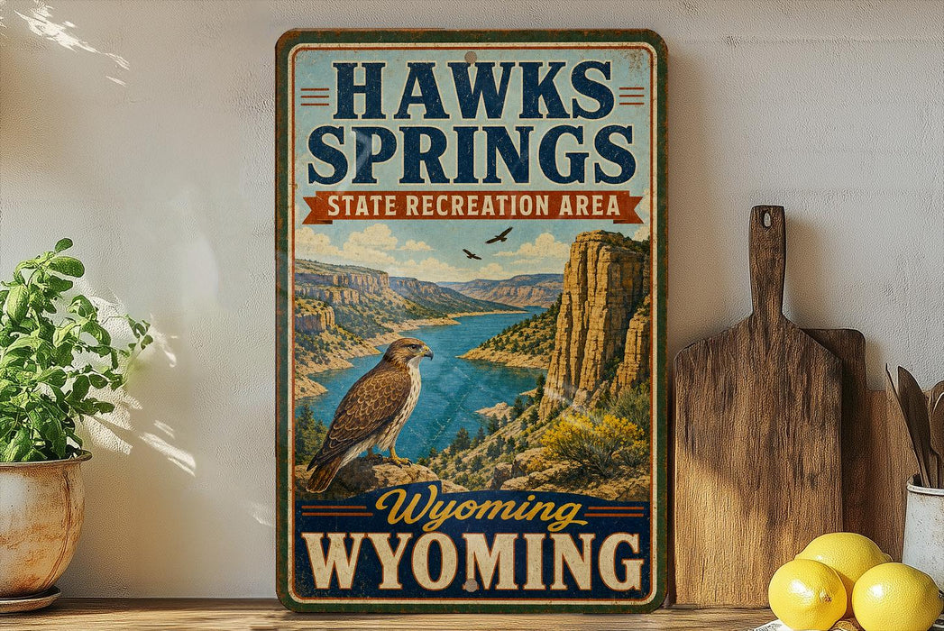 A vintage-style sign for the state recreation area of the Hawks Springs in Wyoming, featuring a scenic image of the area with a hawk perched on a rock.