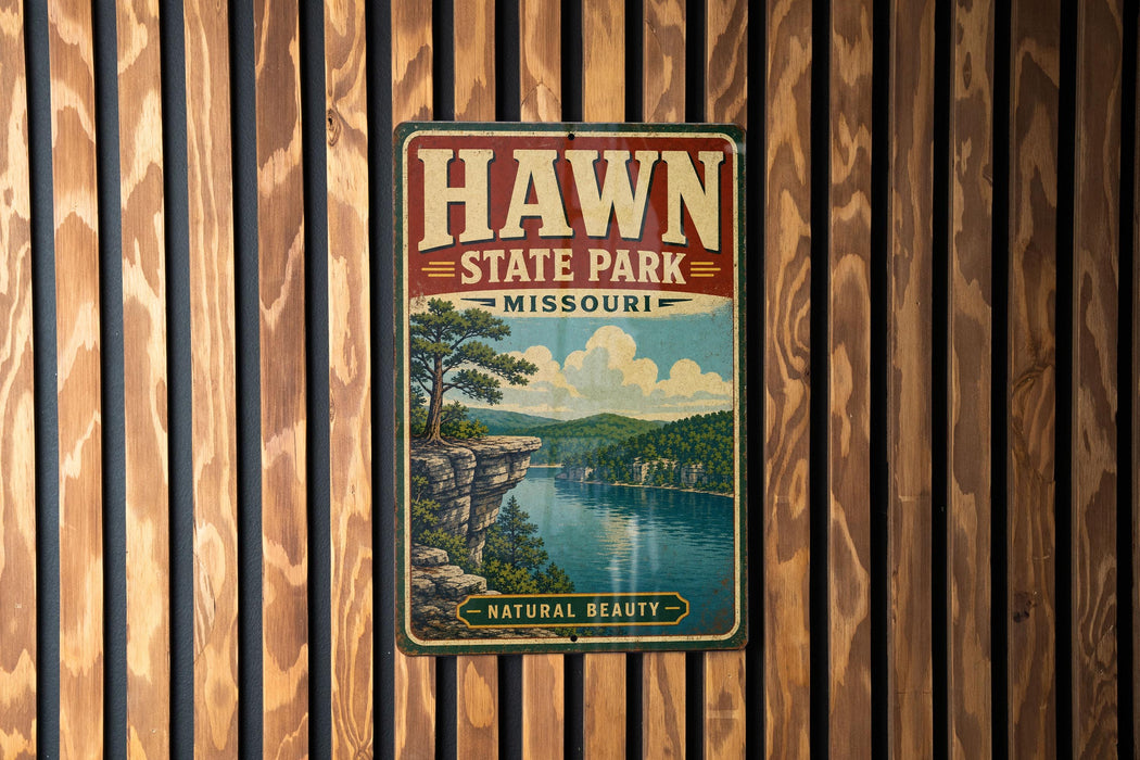A vintage-style metal sign for Hawn State Park in Missouri, featuring a scenic landscape with a lake, mountains, and a cliff.
