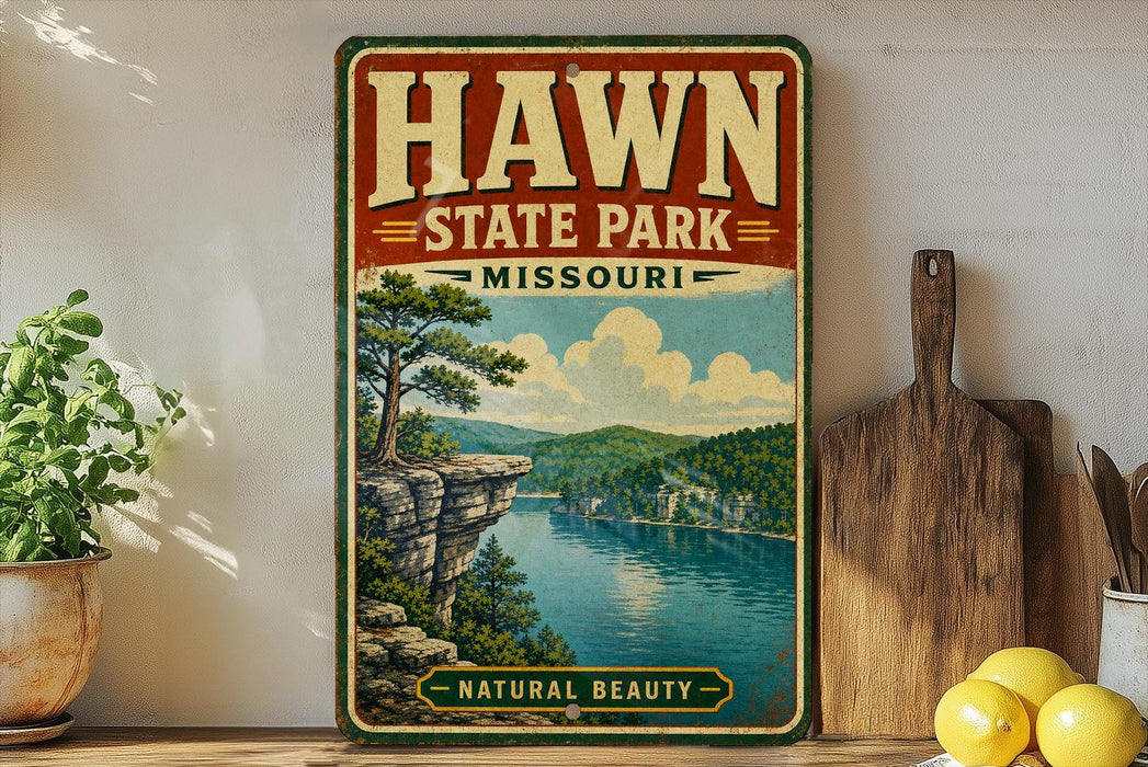 A vintage-style sign for Hawn State Park in Missouri, featuring a scenic landscape with a lake and mountains.