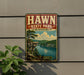 A vintage-style sign for Hawn State Park in Missouri, featuring a scenic landscape with a lake, mountains, and trees.