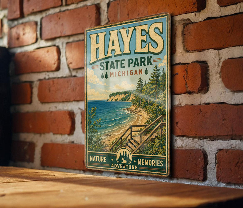 A vintage-style metal sign for Hayes State Park, Michigan, featuring a scenic landscape with a beach, mountains, and a wooden staircase.