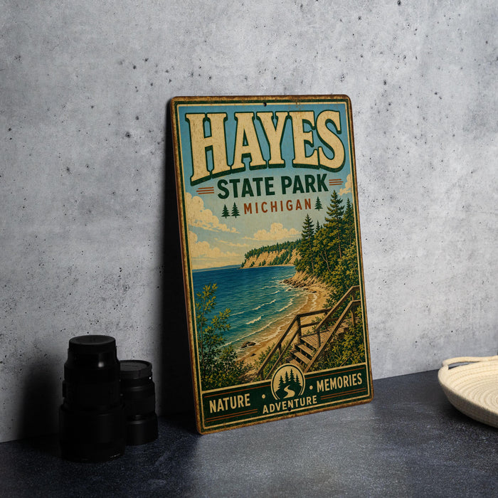 A vintage-style metal sign for State Park, Michigan, featuring a scenic landscape with a beach, mountains, and pine trees.