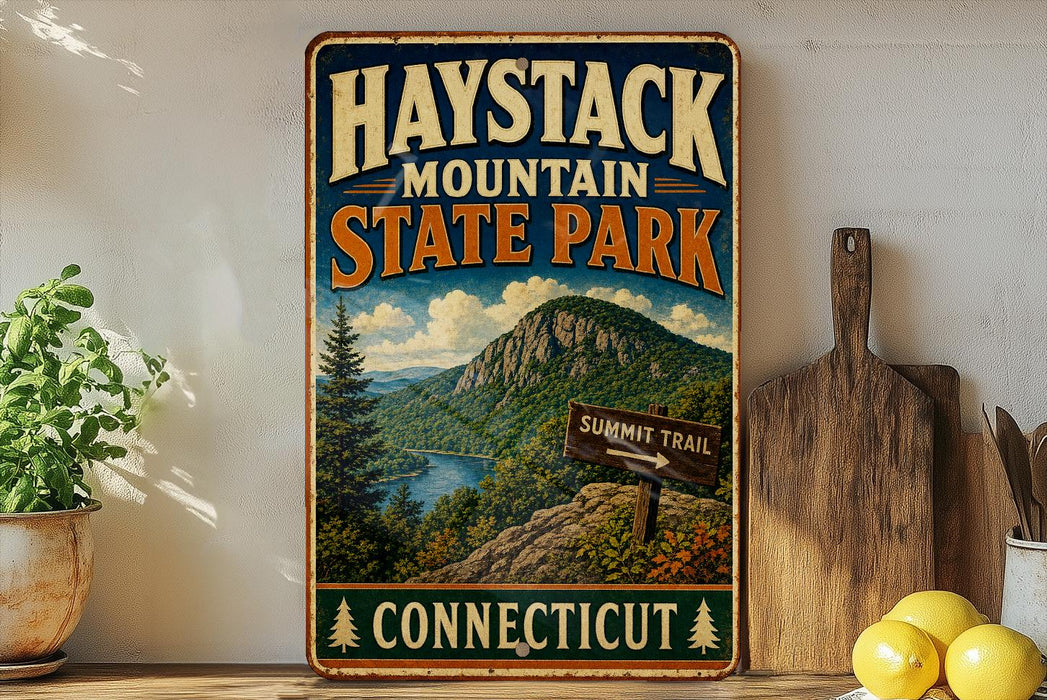 A vintage-style metal sign for Haystack Mountain State Park in Connecticut, featuring a scenic mountain landscape with a trail sign and surrounded by potted plants and kitchen utensils.