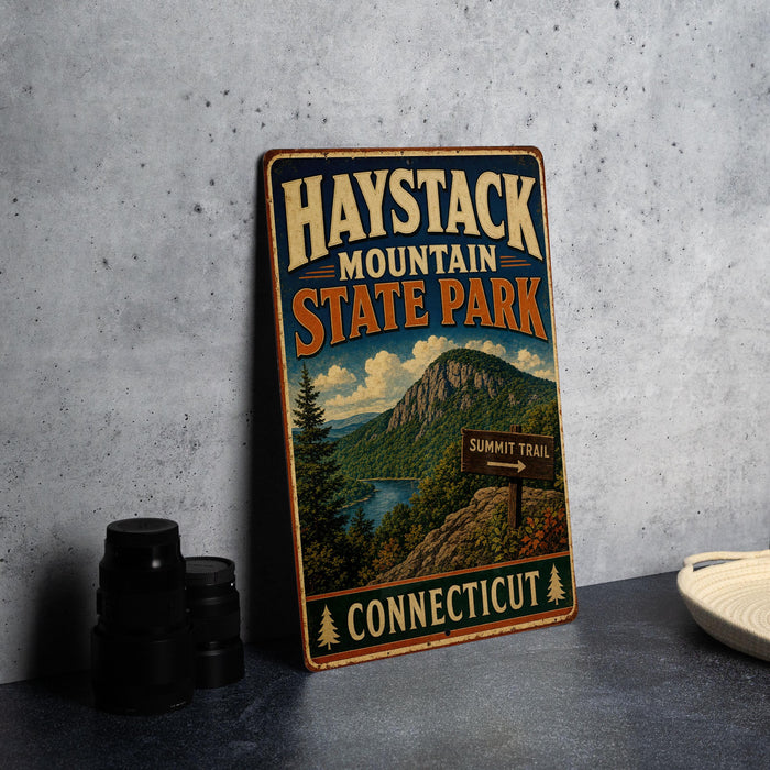 A vintage metal sign for Haystack Mountain State Park in Connecticut, featuring a scenic mountain landscape and trail signs.