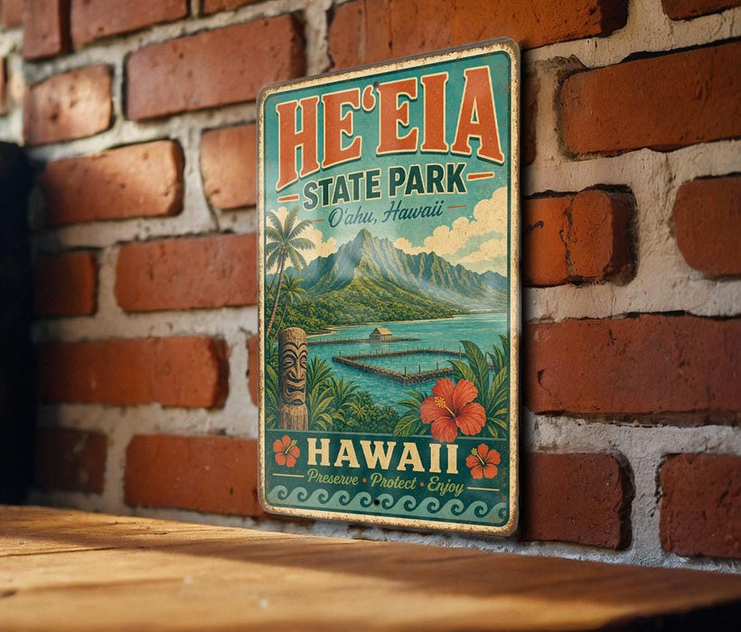 A vintage-style metal sign for He'e Eia State Park in Hawaii, featuring a tropical landscape with palm trees, mountains, and a body of water.