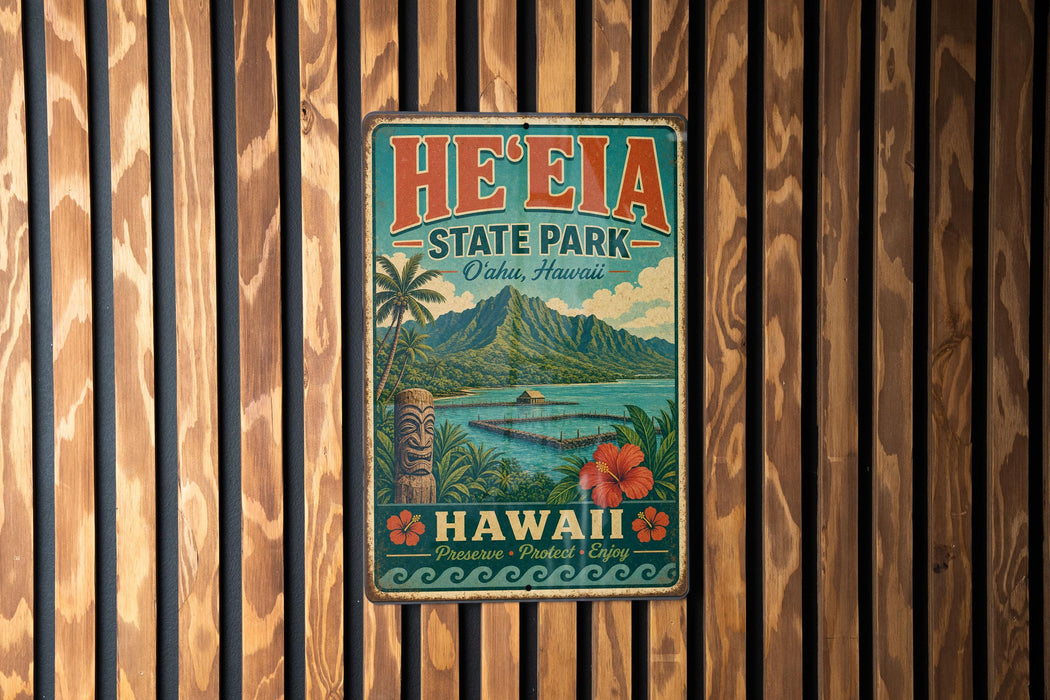 A vintage-style metal sign for He'eia State Park in Hawaii, featuring a tropical landscape with palm trees, mountains, and a body of water.
