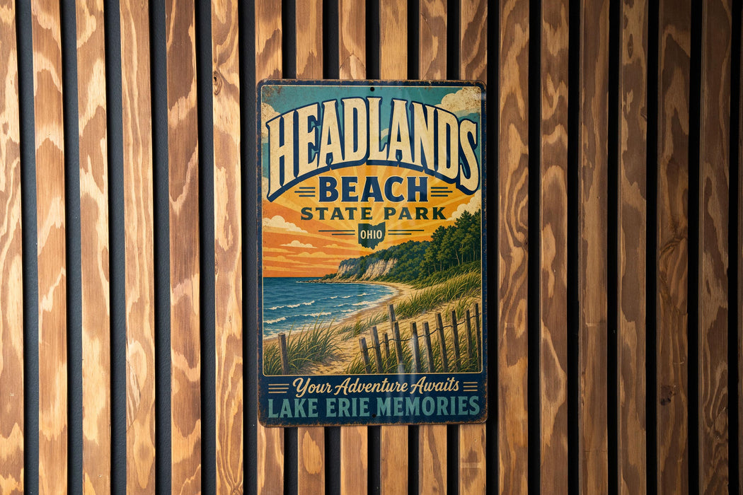 A vintage-style metal sign for Headlands Beach State Park in Ohio, featuring a scenic beach landscape with a lake and mountains in the background.