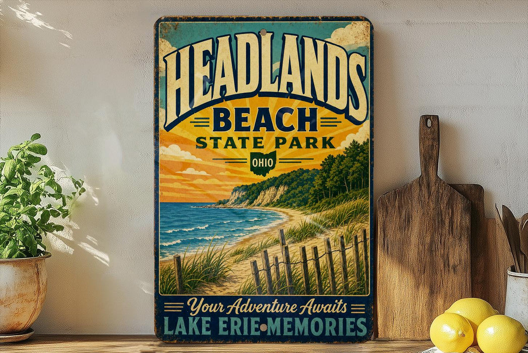 A vintage-style sign for Headlands Beach State Park in Ohio, featuring a scenic beach landscape with a sunset over the water.