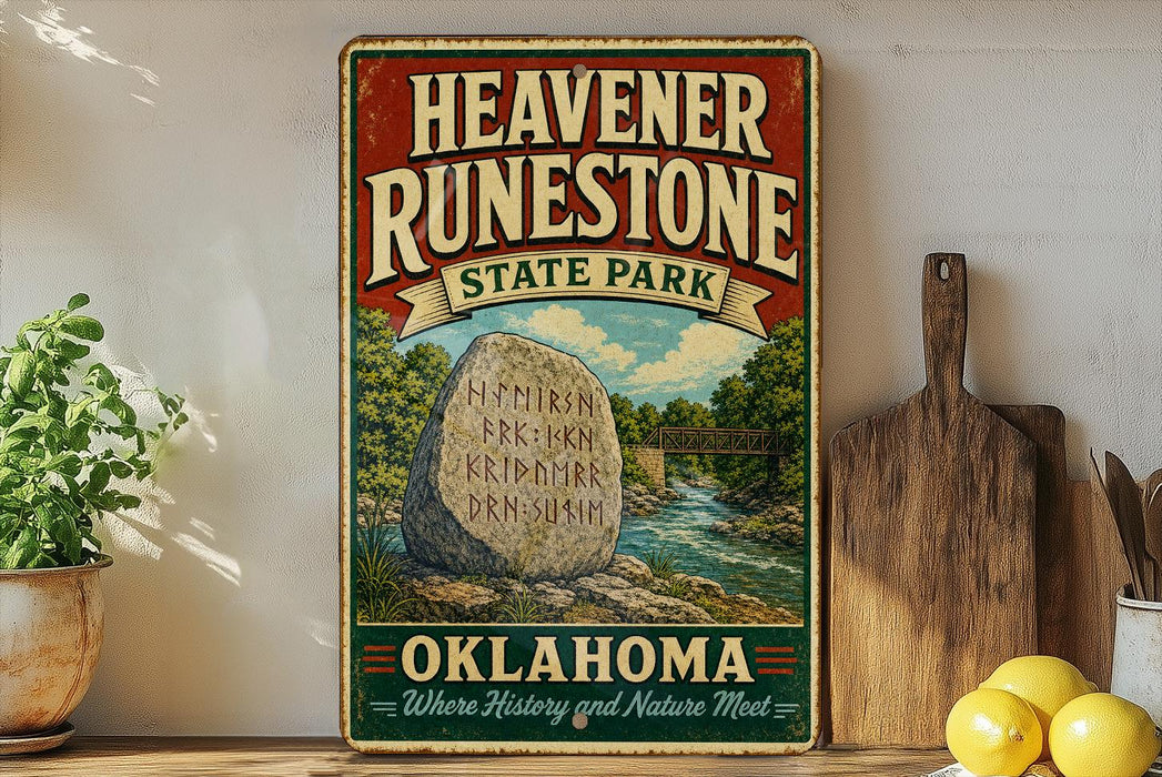 A vintage-style sign for the state park called "Heavenstone State Park" in Oklahoma, featuring a scenic illustration of a river and a large rock with ancient writing on it.