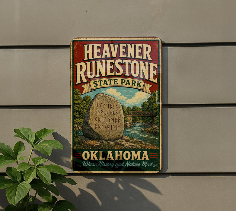 A vintage-style sign for Heavenstone State Park in Oklahoma, featuring a scenic illustration of a river and a large rock formation.