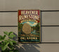A vintage-style sign for Heavenstone State Park in Oklahoma, featuring a scenic illustration of a river and a large rock formation.