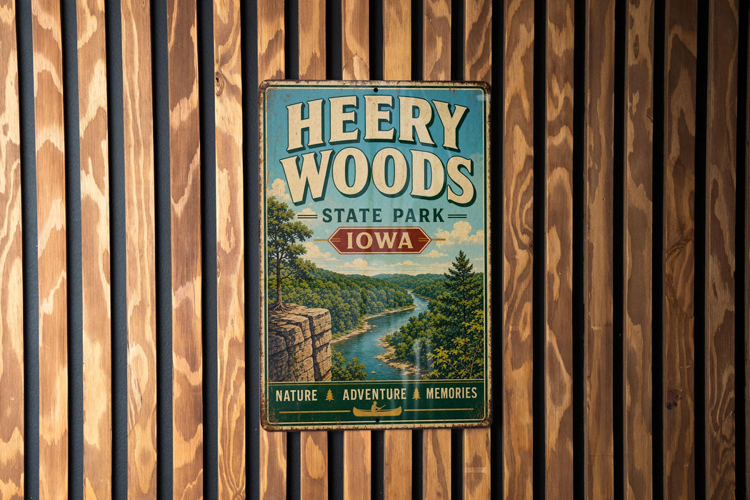 A vintage-style metal sign for Heery Woods State Park in Iowa, featuring a scenic landscape with a river and trees.