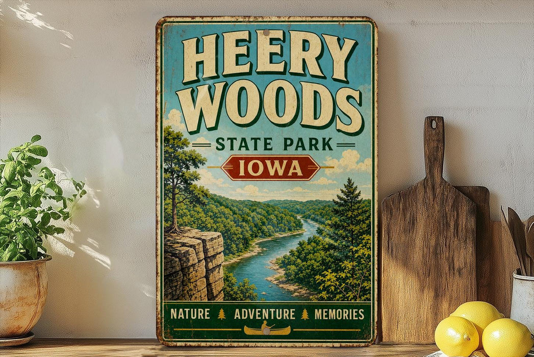 A vintage-style sign for Heery Woods State Park in Iowa, featuring a scenic image of a river and forest landscape.