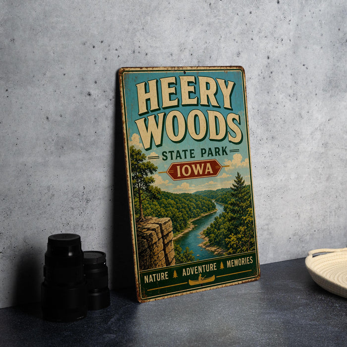 A vintage-style sign for Heery Woods State Park in Iowa, featuring a scenic illustration of a river and forest landscape.