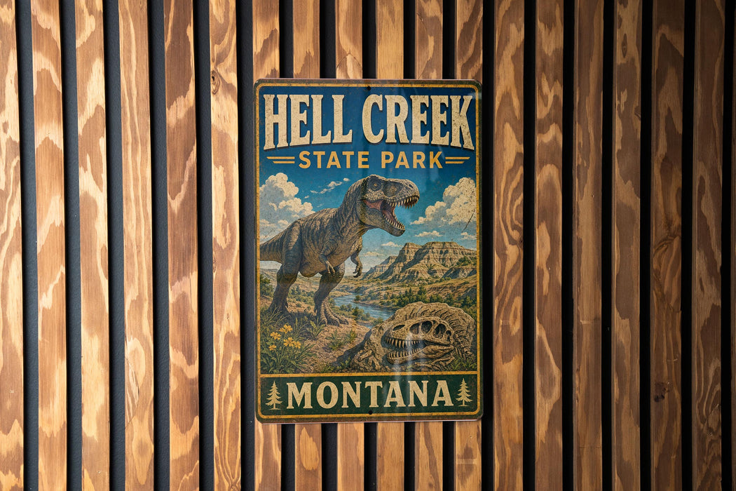 A metal sign for Hell Creek State Park in Montana, featuring a dinosaur illustration and the park's name.