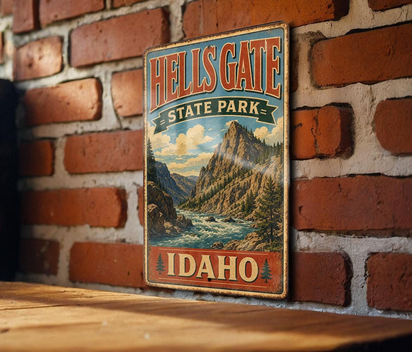 A vintage metal sign for Hell's Gate State Park in Idaho, featuring a scenic mountain landscape.