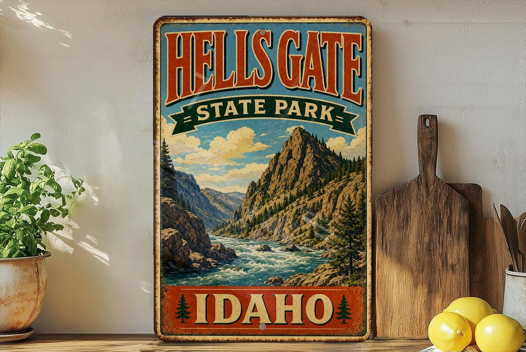 A vintage-style metal sign for Hells Gate State Park in Idaho, featuring a scenic mountain landscape with a river flowing through it.