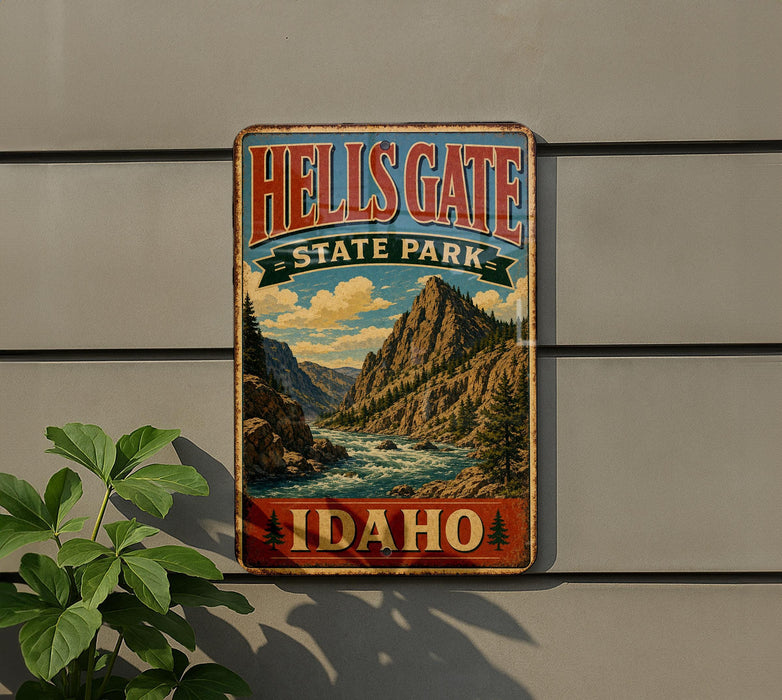 A vintage metal sign for Hells Gate State Park in Idaho, featuring a scenic mountain landscape with a river flowing through it.