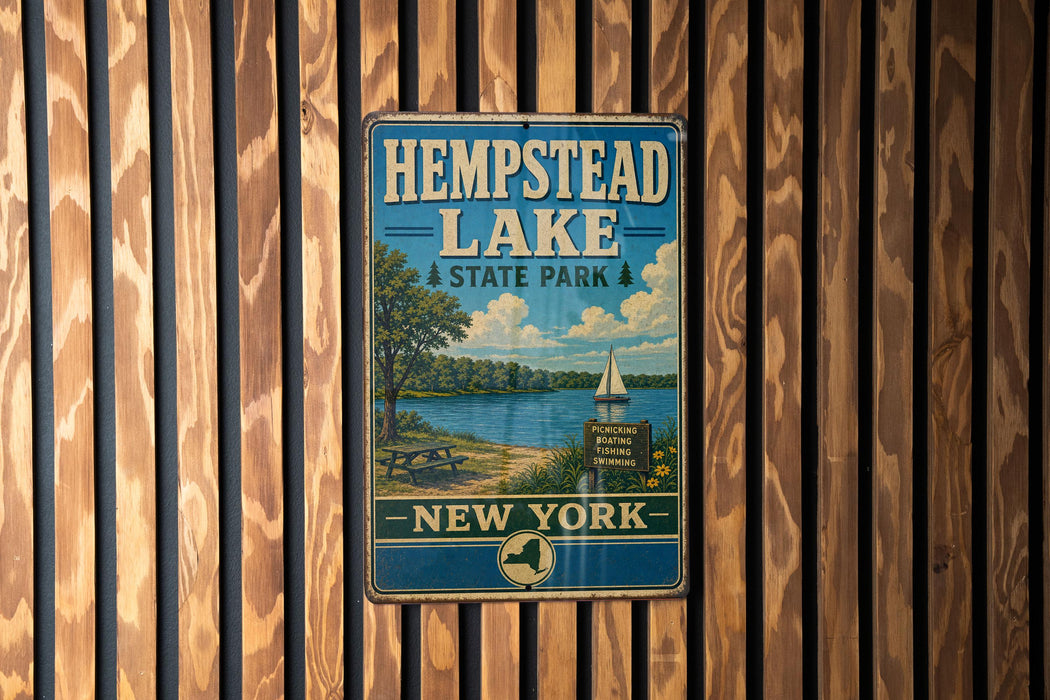 A vintage metal sign for Hempstead Lake State Park in New York, featuring a scenic illustration of the lake and surrounding landscape.