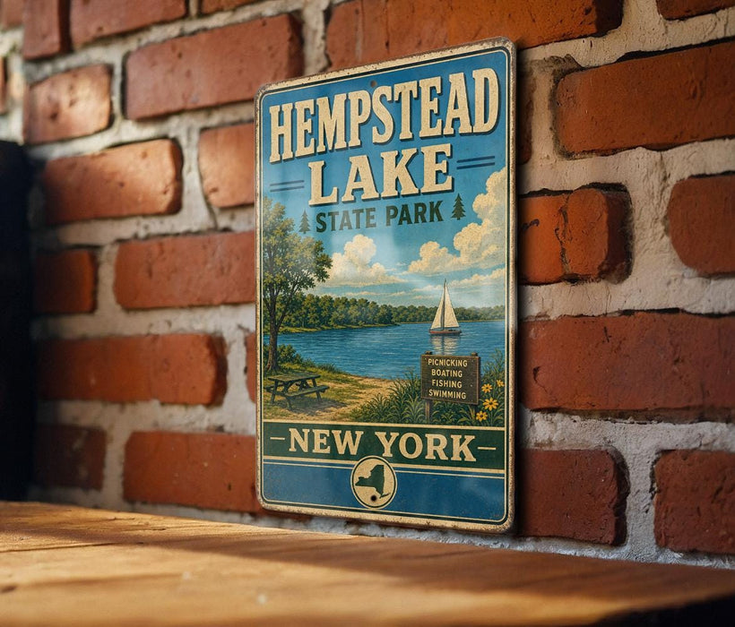 A vintage-style metal sign for Hempstead Lake, New York, featuring a scenic image of the lake and surrounding landscape.