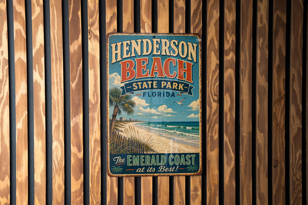 A vintage-style metal sign for Henderson Beach State Park in Florida, featuring a beach scene and palm trees, is displayed on a wooden wall.