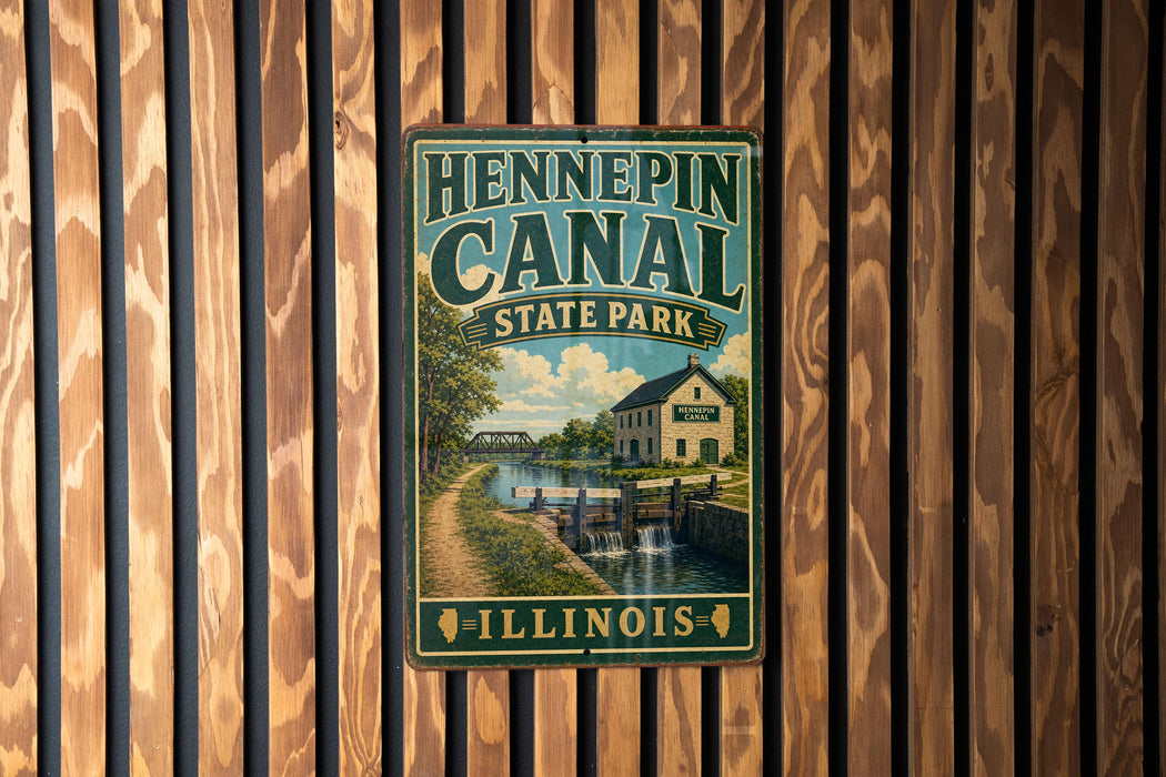 A vintage metal sign for Hennepin Canal State Park in Illinois, featuring a scenic illustration of the canal and surrounding landscape.
