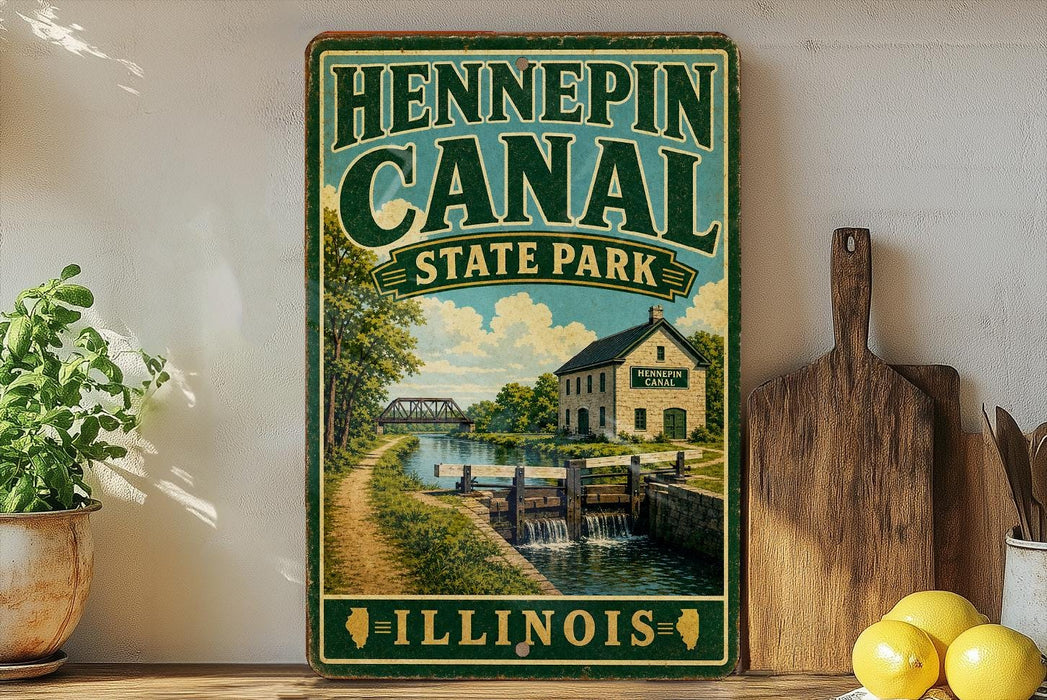 A vintage-style sign for Hennepin Canal State Park in Illinois, featuring a scenic illustration of a canal, bridge, and surrounding landscape.