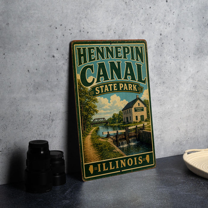 A vintage-style sign for Hennepin Canal State Park in Illinois, featuring a scenic illustration of the canal and surrounding landscape.