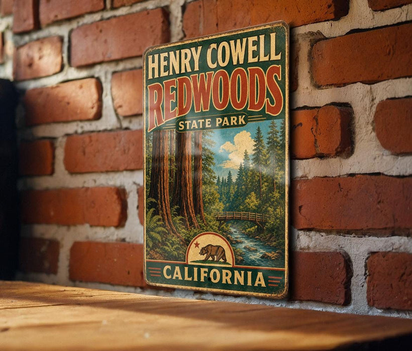 A vintage-style metal sign for Henry Cowell Redwoods State Park in California, featuring a scenic illustration of the park's landscape.