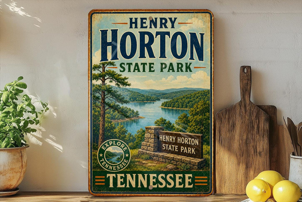 A vintage-style sign for Henry Horton State Park in Tennessee, featuring a scenic landscape with a lake and mountains.