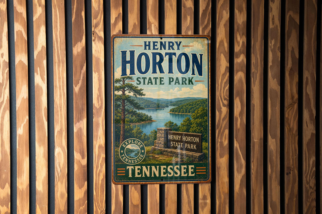 A vintage-style metal sign for Henry Horton State Park in Tennessee, featuring a scenic landscape with a lake and mountains.