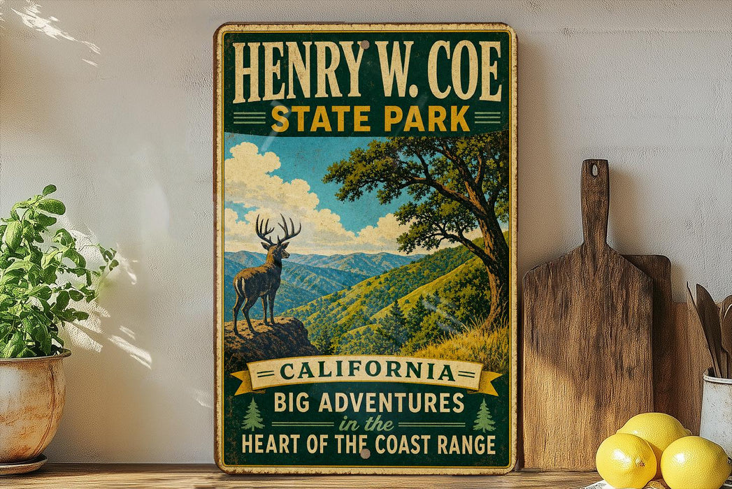 A vintage-style sign for Henry W. Coe State Park, featuring a scenic mountain landscape with a deer in the foreground.