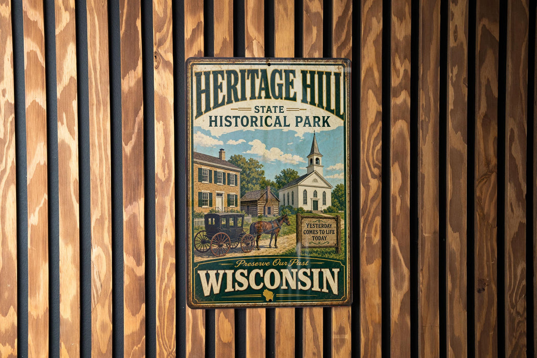 A vintage metal sign for Heritage Hill State Historical Park in Wisconsin, featuring an illustration of a historic building and a horse-drawn carriage.