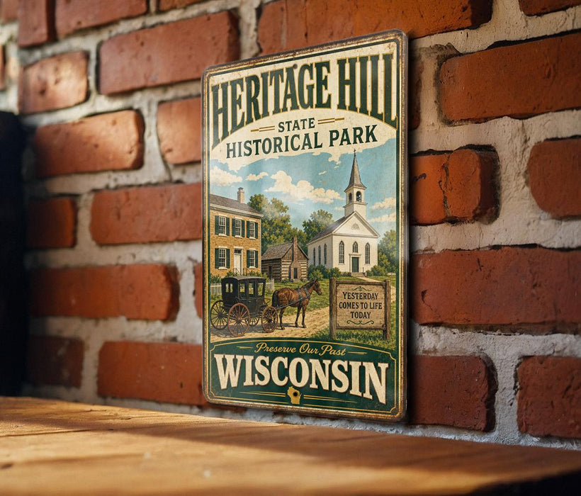 A vintage-style metal sign for Heritage Hill State Historical Park in Wisconsin, featuring an illustration of a historic building and a horse-drawn carriage.