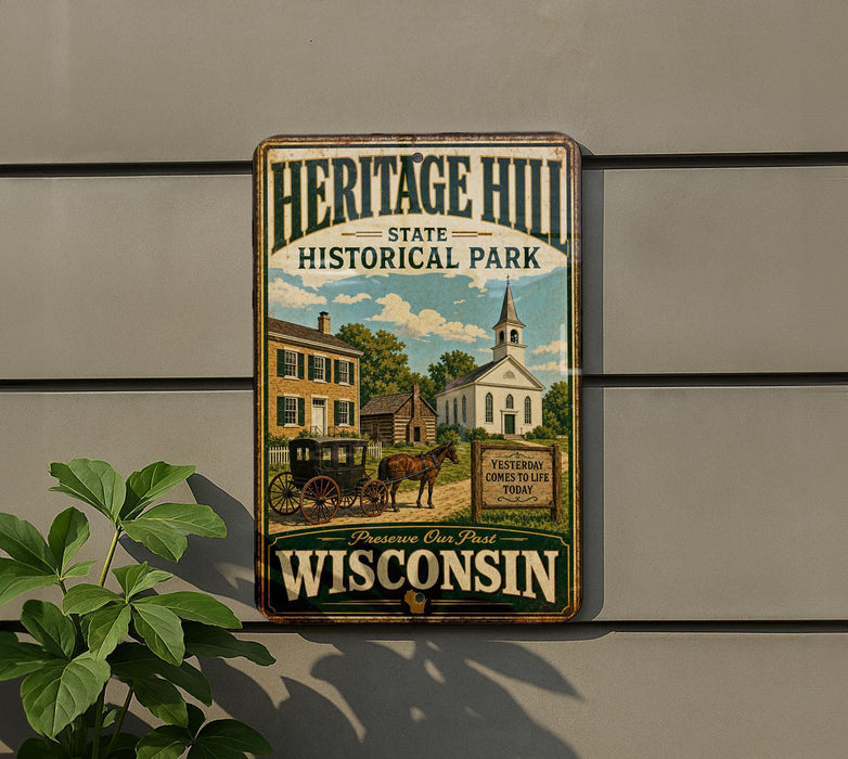 A vintage-style metal sign for Heritage Hill State Historical Park in Wisconsin, featuring an illustration of a historic building and a horse-drawn carriage.