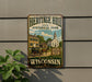 A vintage-style metal sign for Heritage Hill State Historical Park in Wisconsin, featuring an illustration of a historic building and a horse-drawn carriage.