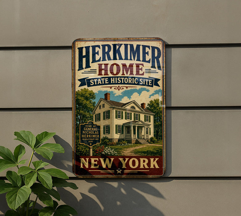A vintage-style metal sign with the text "HERKIMER HOME STATE HISTORIC SITE NEW YORK" and an illustration of a house, mounted on a wall.