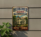 A vintage-style metal sign with the text "HERKIMER HOME STATE HISTORIC SITE NEW YORK" and an illustration of a house, mounted on a wall.