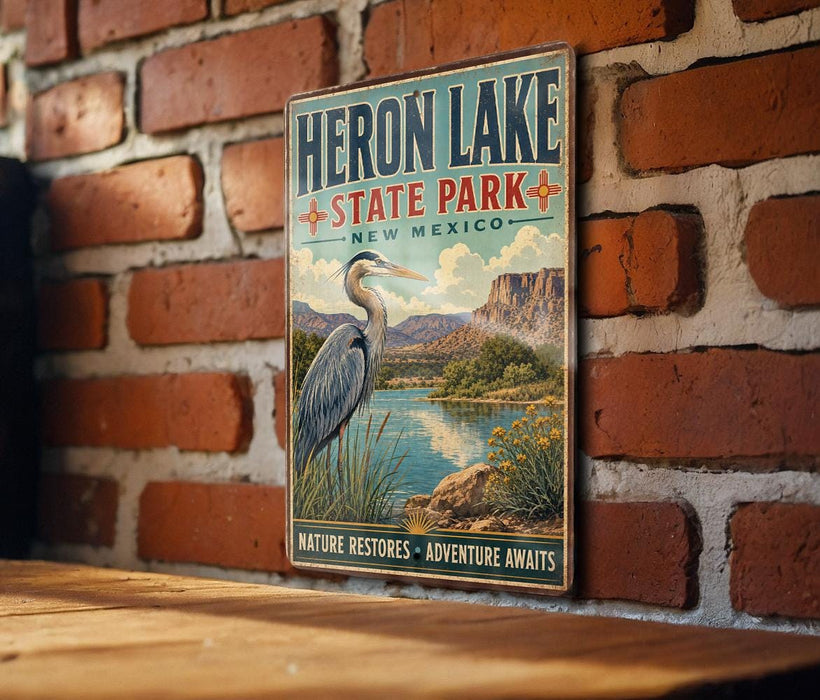A vintage-style metal sign forHERON LAKE STATE PARK, NEW MEXICO, featuring a large heron in a grassy landscape with a lake and mountains in the background.