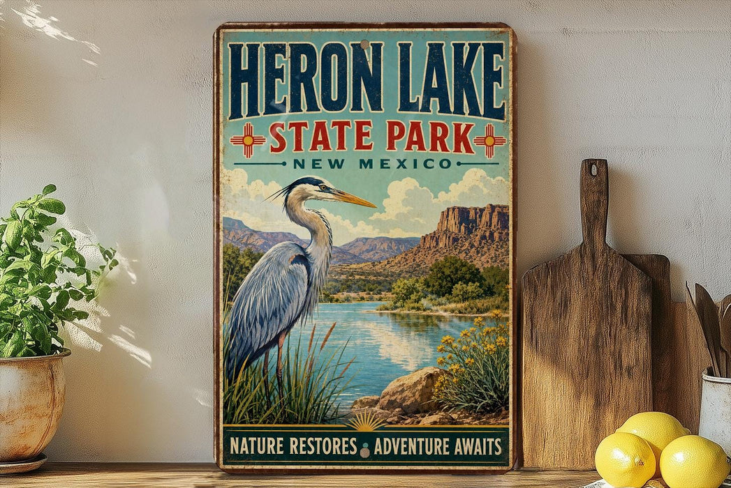 A vintage-style poster forHERON LAKE STATE PARK, NEW MEXICO, featuring a large heron in a grassy landscape with mountains in the background.