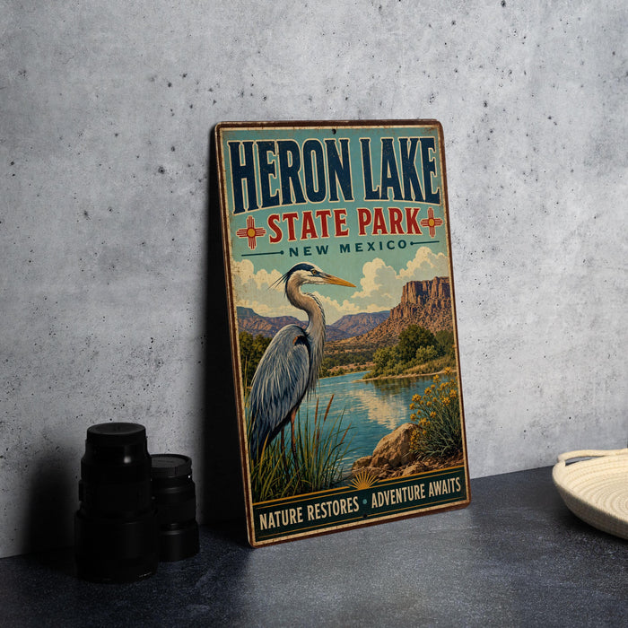 A vintage-style sign forHERON LAKE STATE PARK, NEW MEXICO, featuring a large heron in a natural landscape.