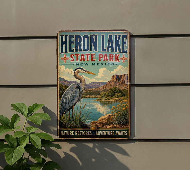 A vintage-style sign for Heron Lake State Park in New Mexico, featuring a large heron in a natural landscape.
