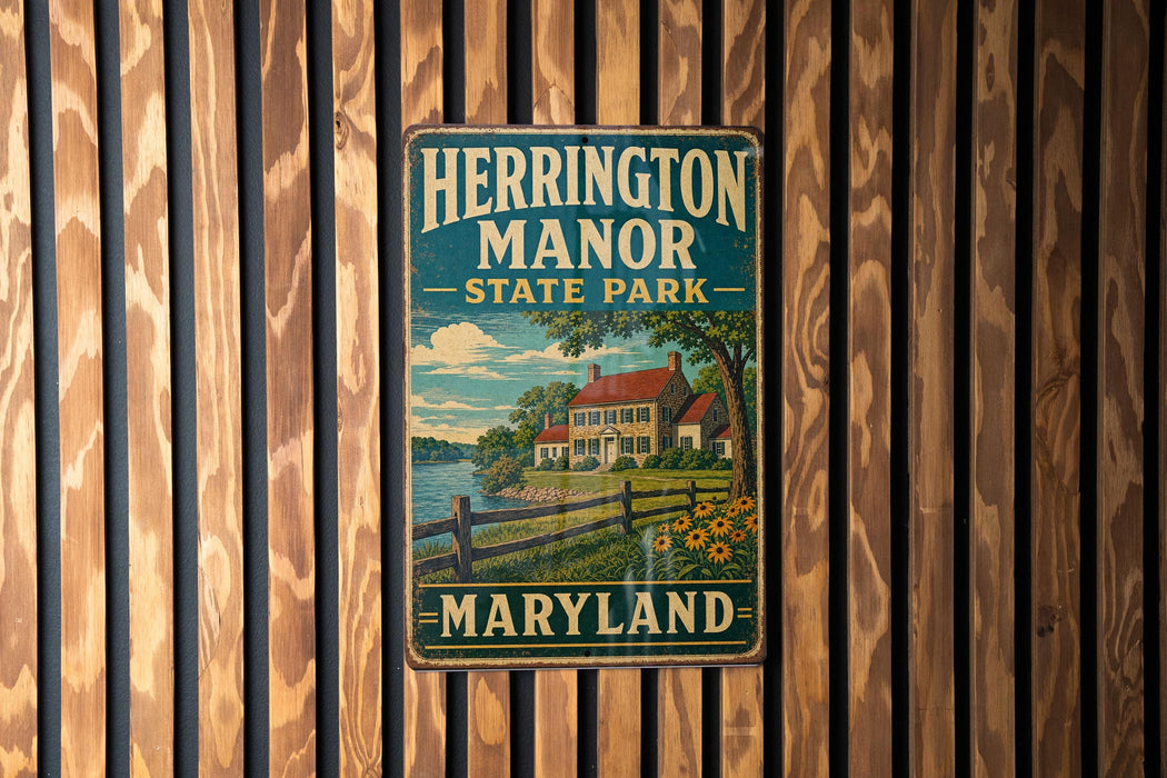 A vintage metal sign for Herrington Manor State Park in Maryland, featuring a house and a river, is displayed on a wooden wall.