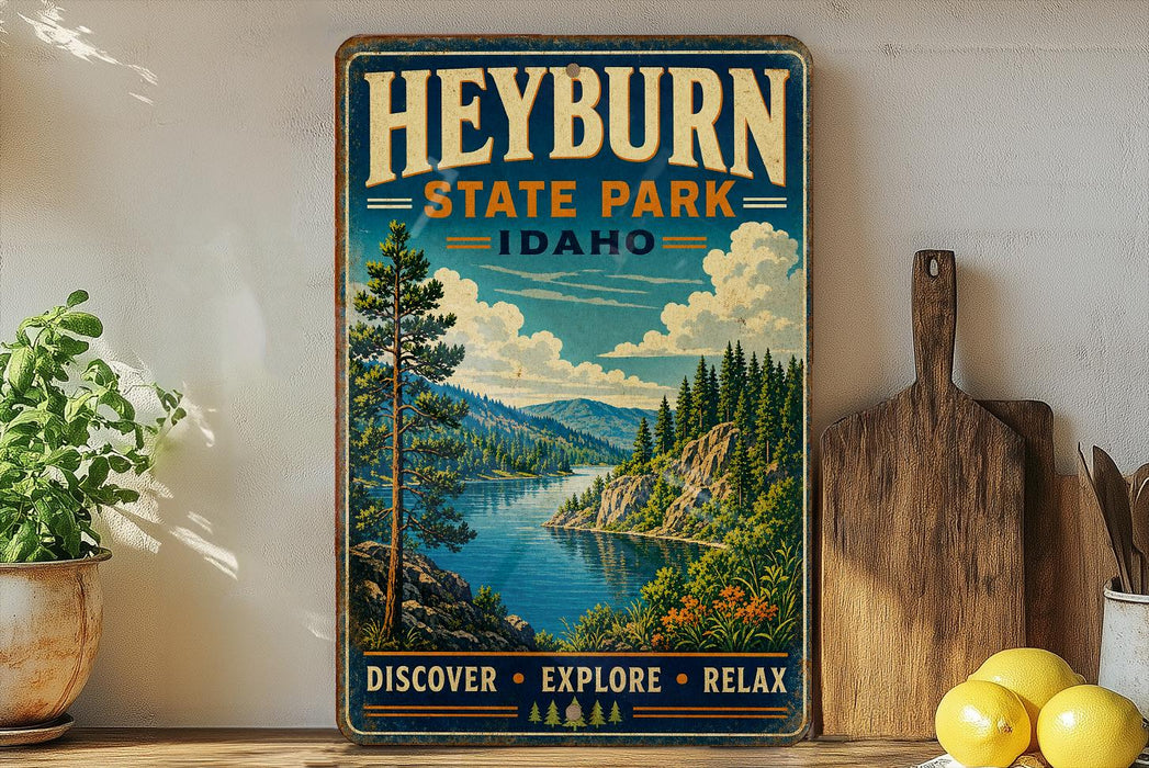 A vintage-style sign for Heyburn State Park, Idaho, featuring a scenic landscape with a river, mountains, and pine trees.