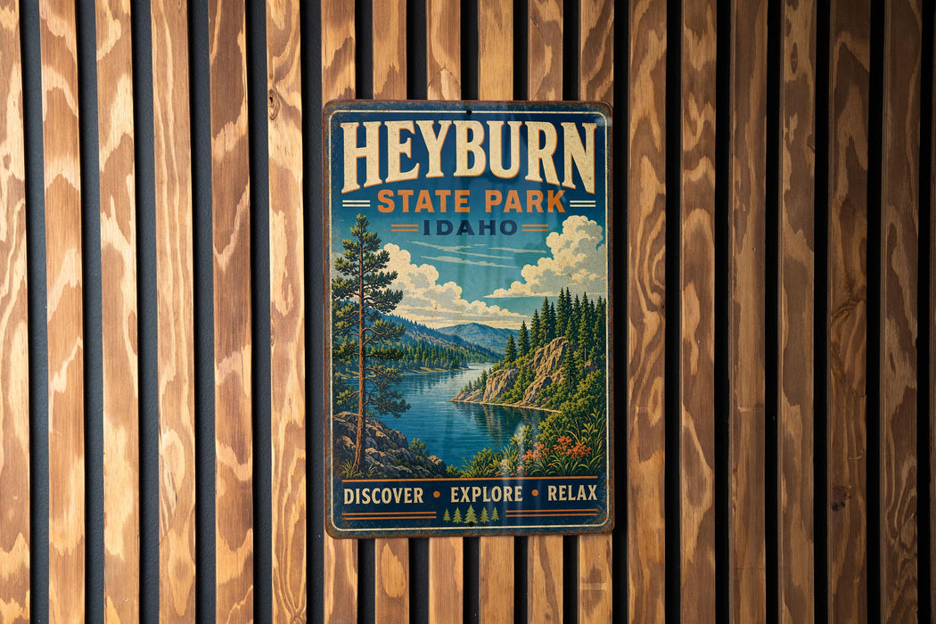A vintage-style metal sign for Heyburn State Park, Idaho, featuring a scenic landscape with a river, mountains, and pine trees.